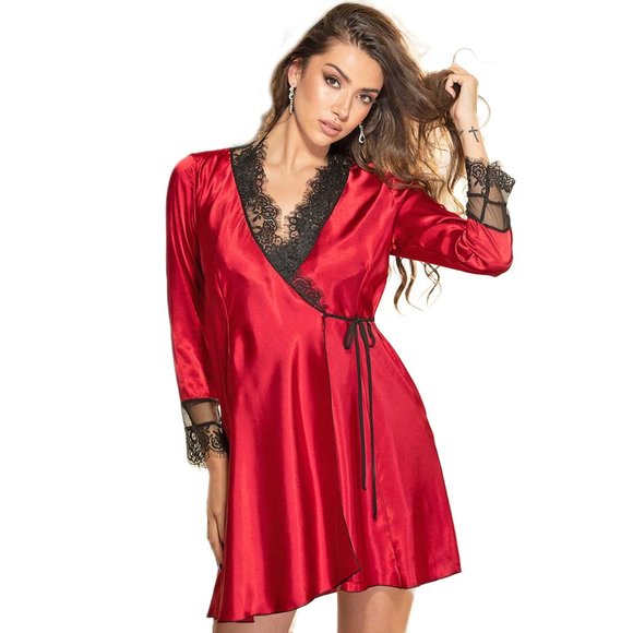 Plus Size Red Robe Mid Length Satin and Eyelash Lace with Long Sleeves 1x 2x